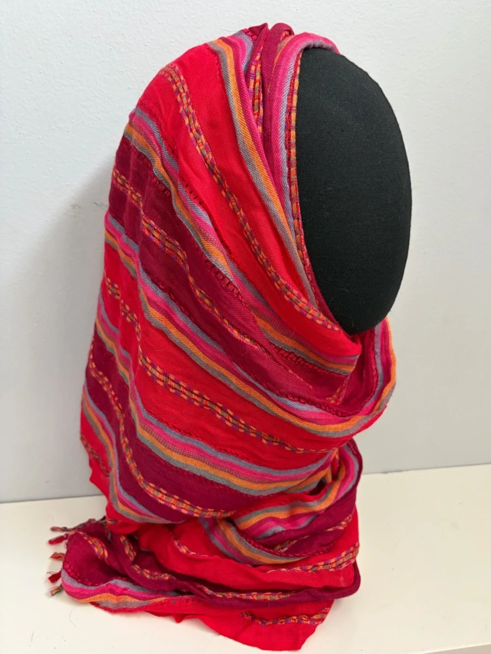 Vibrant Red Striped Women's Scarf, Shoulder Wrap, Or Hijab